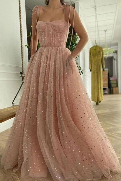 Dressime A Line Spaghetti Straps Tulle Long Prom Dresses, Pink Sequin Formal Evening Dreses dressime