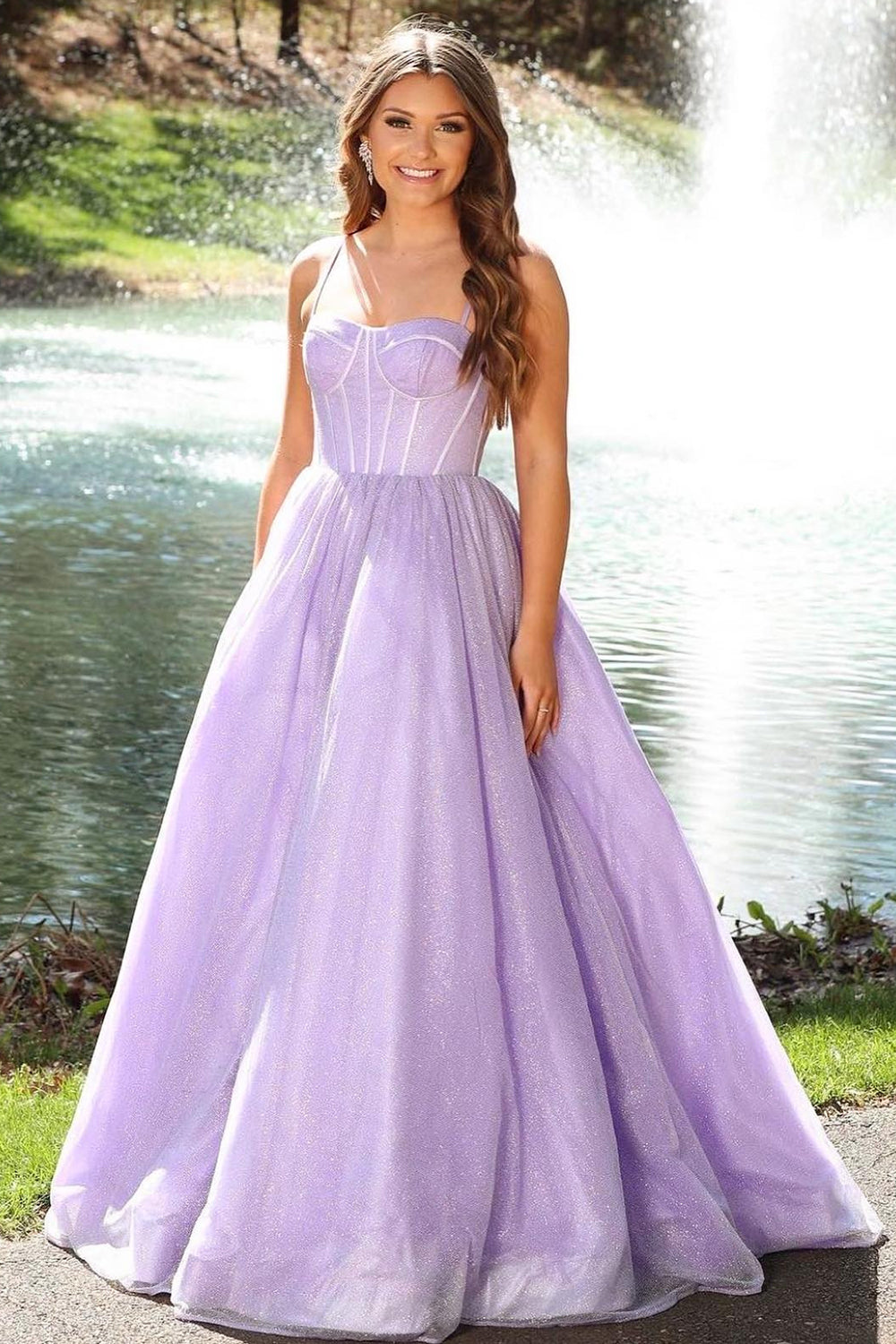 dressimeA Line Spaghetti Straps Tulle Long Prom Dresses 