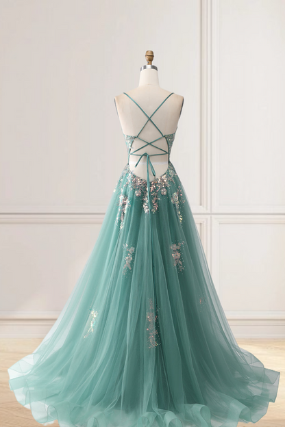 Dressime A Line Spaghetti Straps Tulle Long Prom Dresses with Sequin Appliques dressime