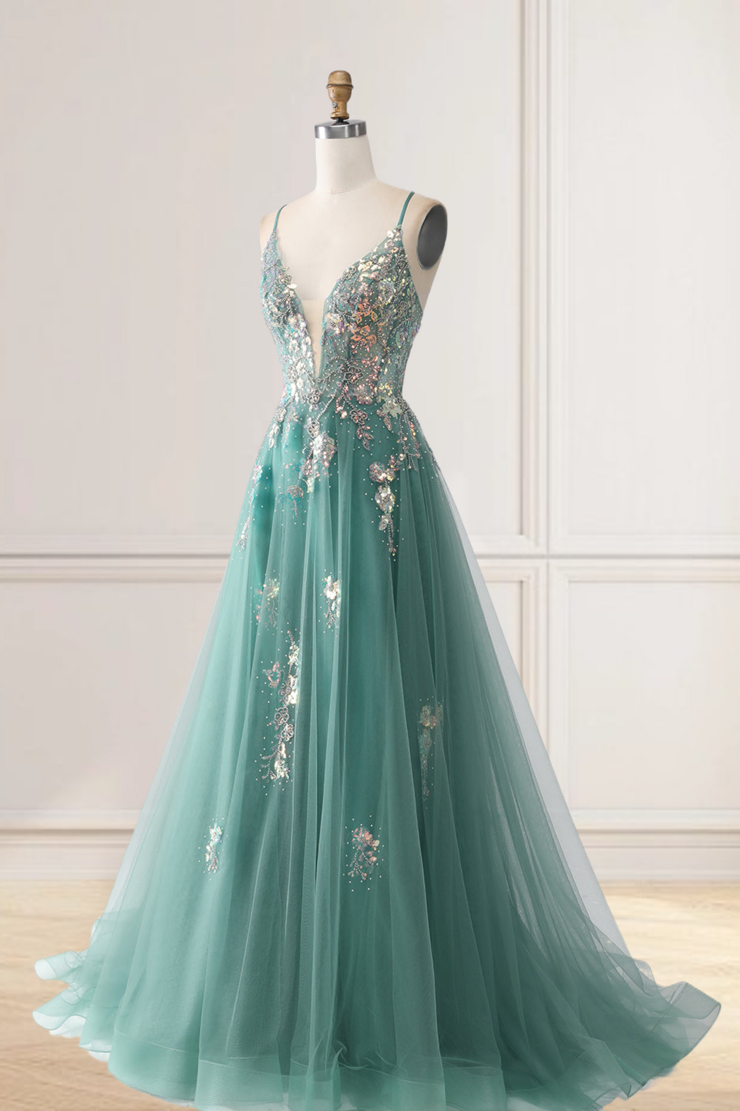 Dressime A Line Spaghetti Straps Tulle Long Prom Dresses with Sequin Appliques dressime