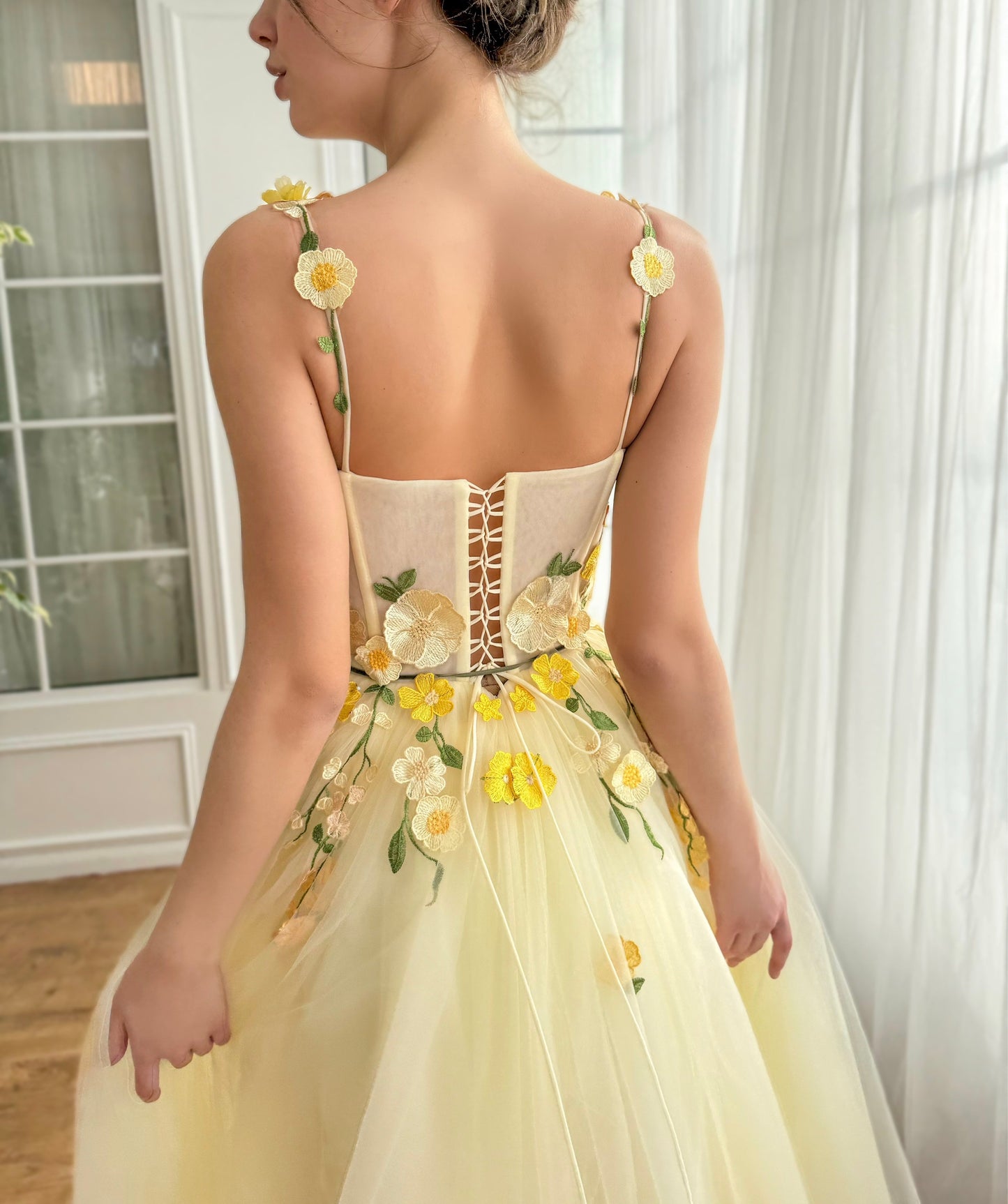 Dressime A Line Spaghetti Straps Tulle Midi Party Dress With 3D Flowers dressime