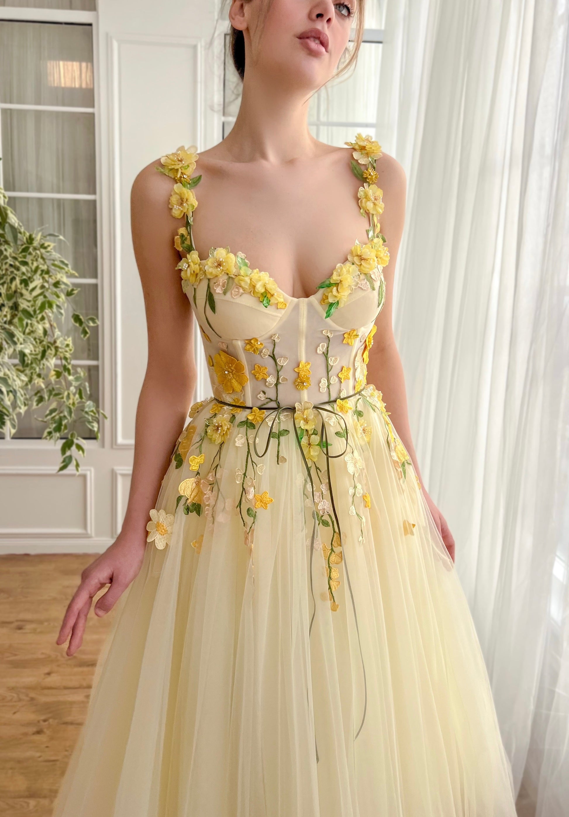 Dressime A Line Spaghetti Straps Tulle Midi Party Dress With 3D Flowers dressime