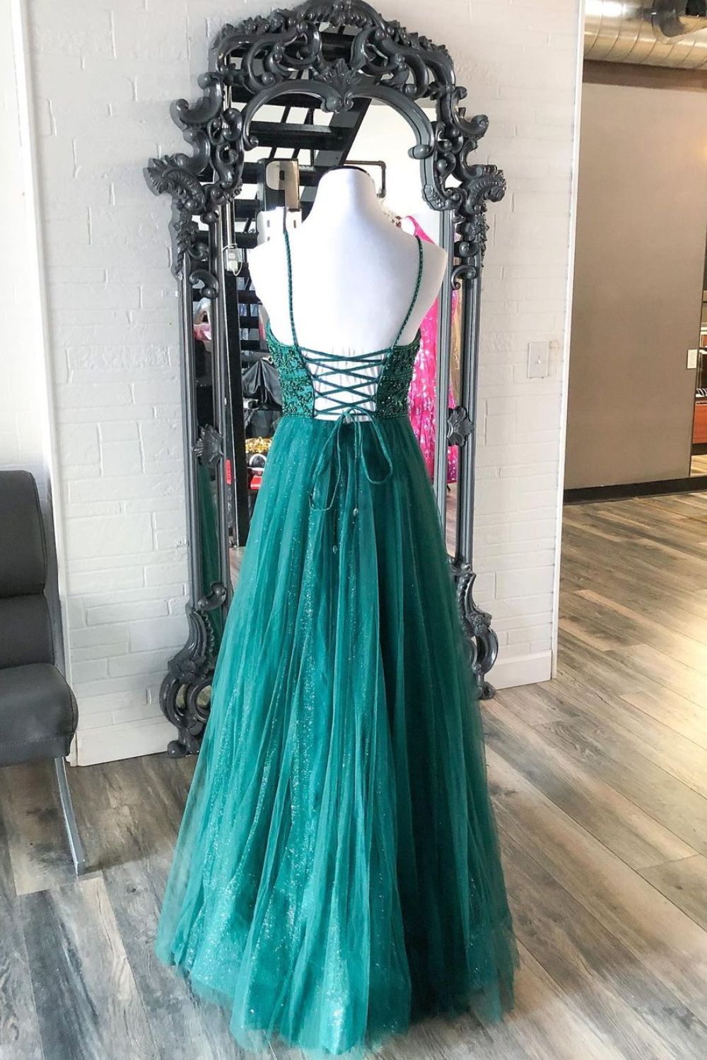 Dressime A Line Spaghetti Straps Tulle Prom Dress With Beaded dressime