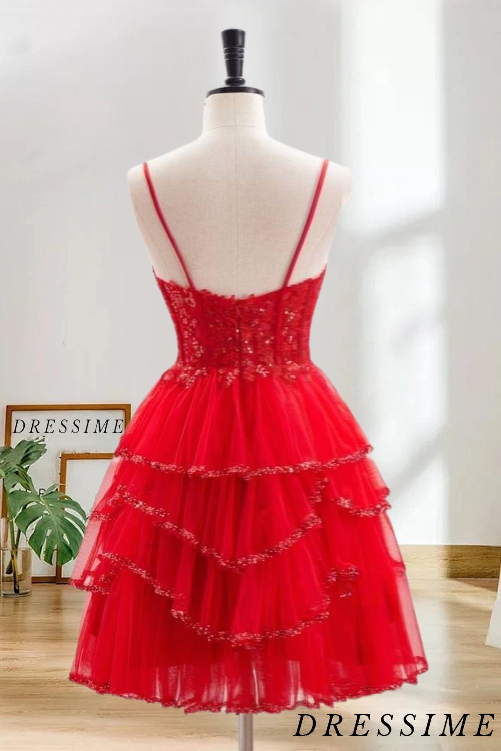 Dressime A Line Spaghetti Straps Tulle Ruffle Tiered Short/Mini Ho mecoming Dress With Sequin Applique dressime