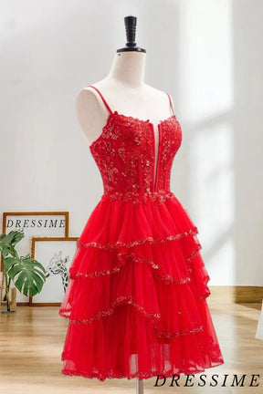 Dressime A Line Spaghetti Straps Tulle Ruffle Tiered Short/Mini Ho mecoming Dress With Sequin Applique dressime