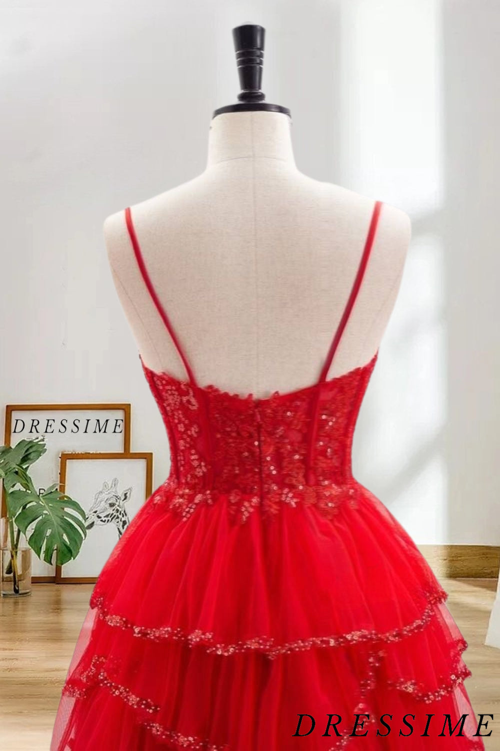 Dressime A Line Spaghetti Straps Tulle Ruffle Tiered Short/Mini Ho mecoming Dress With Sequin Applique dressime