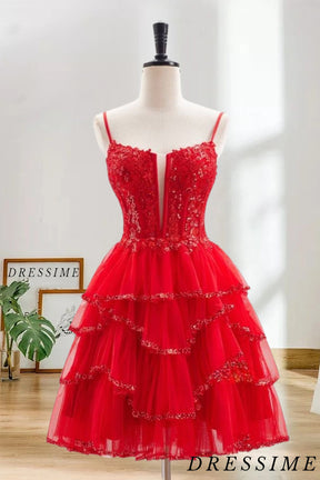 Dressime A Line Spaghetti Straps Tulle Ruffle Tiered Short/Mini Ho mecoming Dress With Sequin Applique dressime