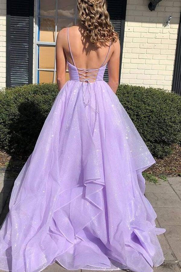 Dressime A Line Spaghetti Straps Tulle Ruffled Long Prom Dress dressime