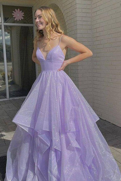 Dressime A Line Spaghetti Straps Tulle Ruffled Long Prom Dress dressime