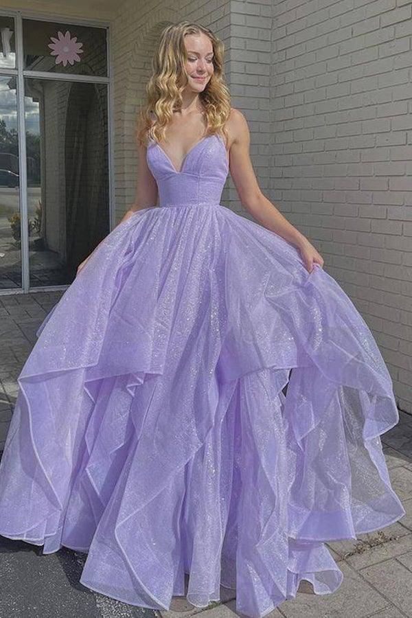 Dressime A Line Spaghetti Straps Tulle Ruffled Long Prom Dress dressime