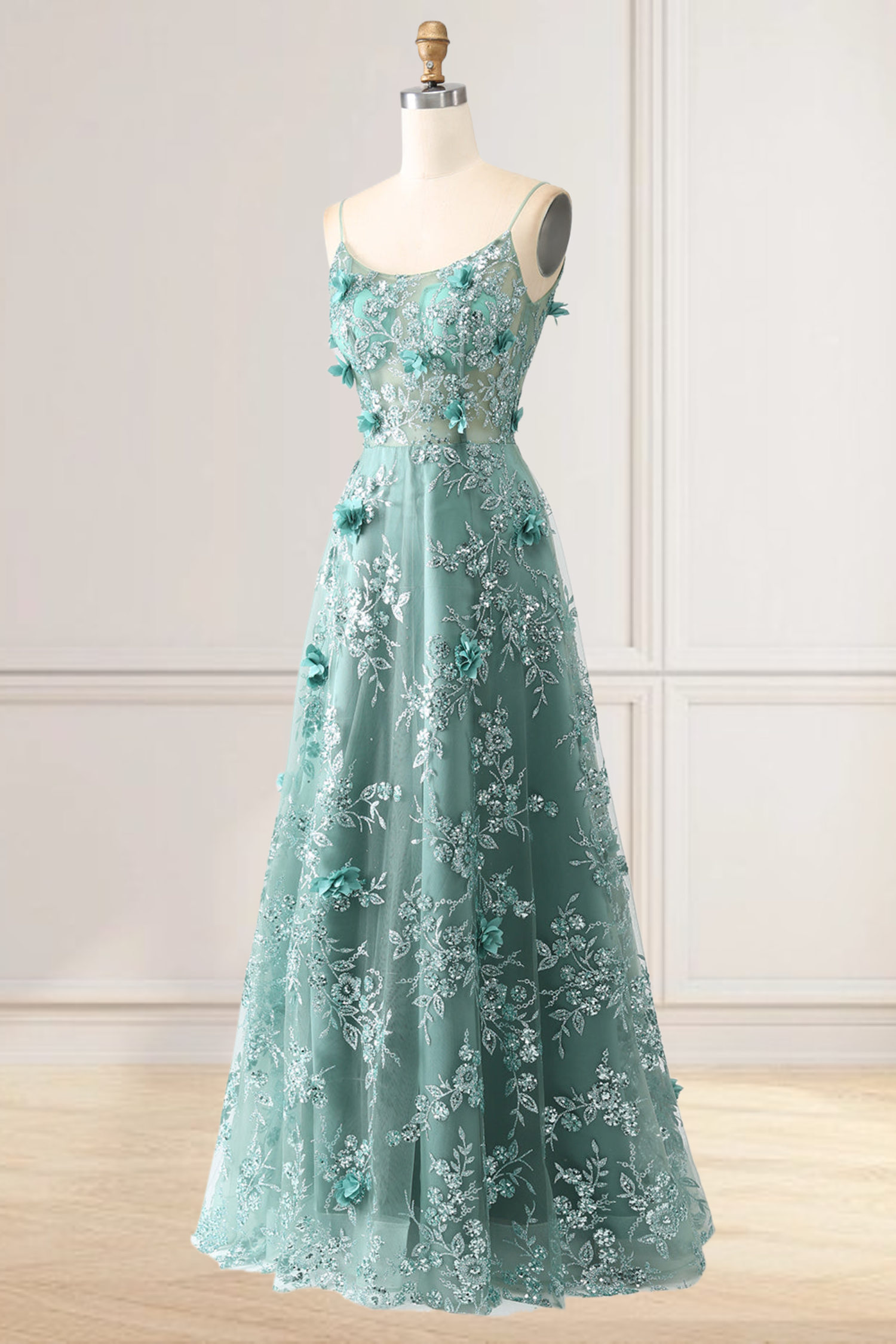 Dressime A Line Spaghetti Straps Tulle Sequin Appliques Long Prom Dress with Flower dressime