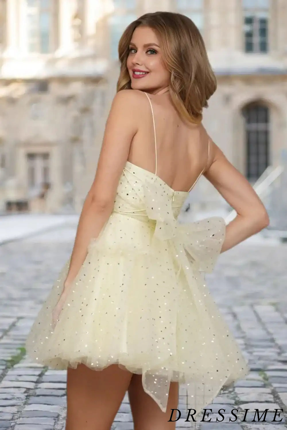 Dressime A Line Spaghetti Straps Tulle Sequins Short/Mini Homecoming Dress With Bow dressime