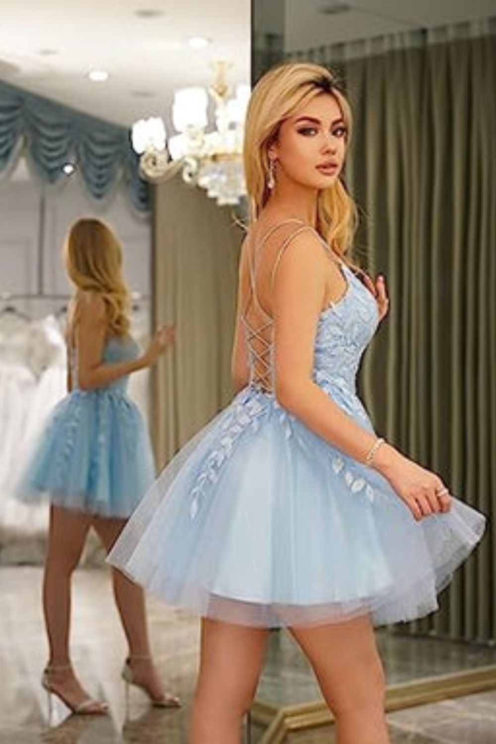 Dressime A-Line Spaghetti Straps Tulle Short/Mini Lace-up Homecoming Dress with Appliques dressime