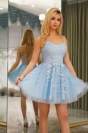 Dressime A-Line Spaghetti Straps Tulle Short/Mini Lace-up Homecoming Dress with Appliques dressime