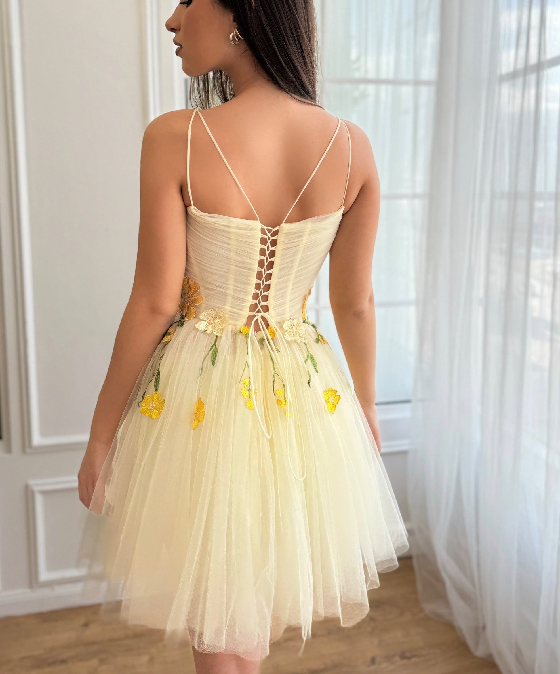 Dressime A Line Spaghetti Straps Tulle Short/Mini Party Dress With 3D Flowers dressime