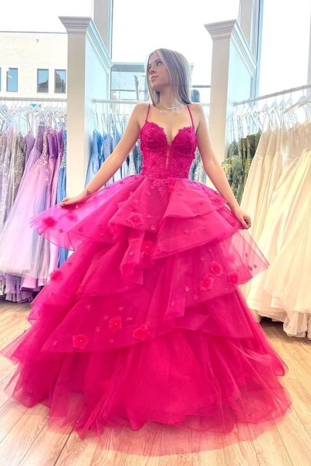 Dressime A Line Spaghetti Straps Tulle Tiered Long Prom Dress With Appliques dressime