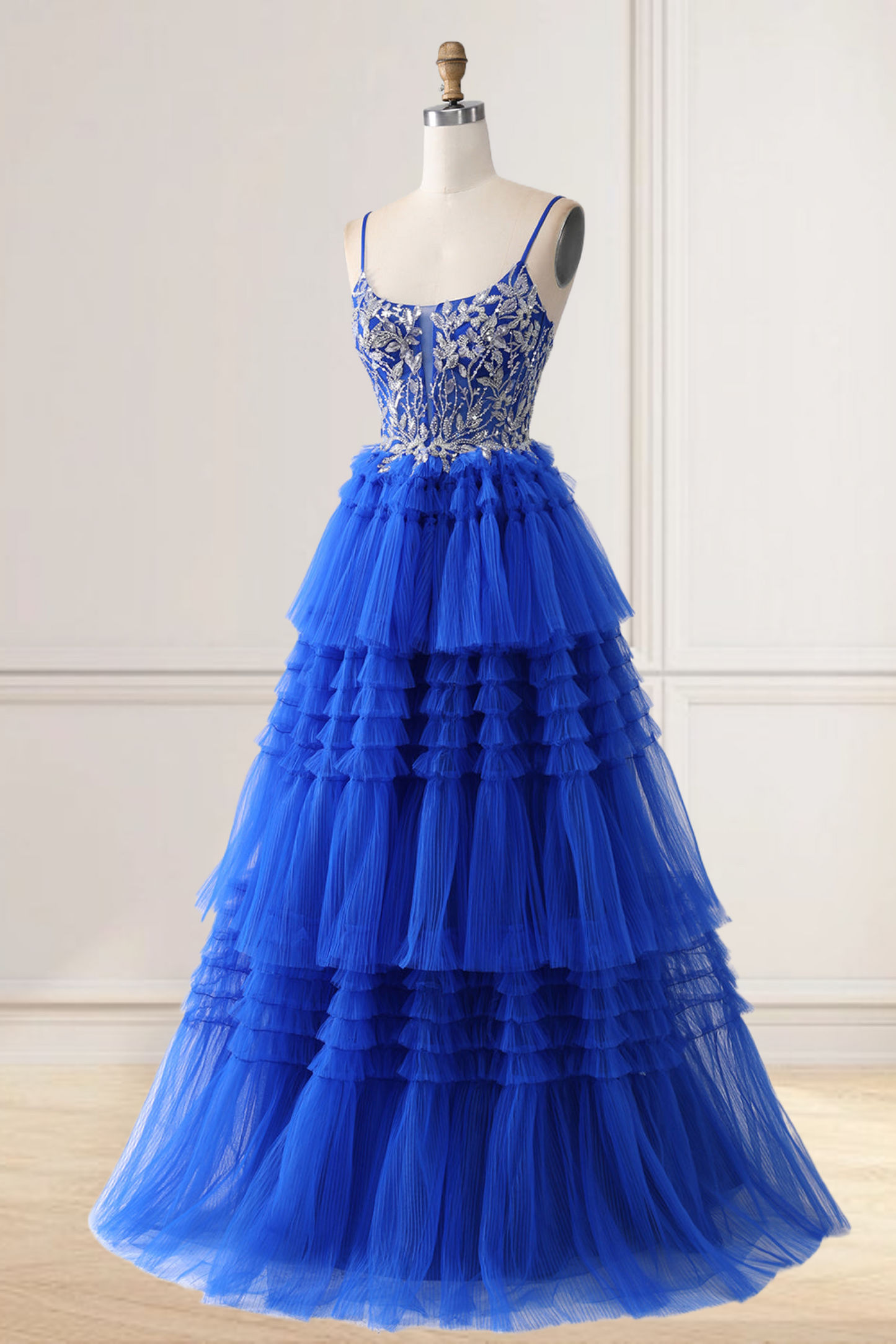 Dressime A Line Spaghetti Straps Tulle Tiered Ruffled Long Prom Dress with Sequin Appliqes dressime