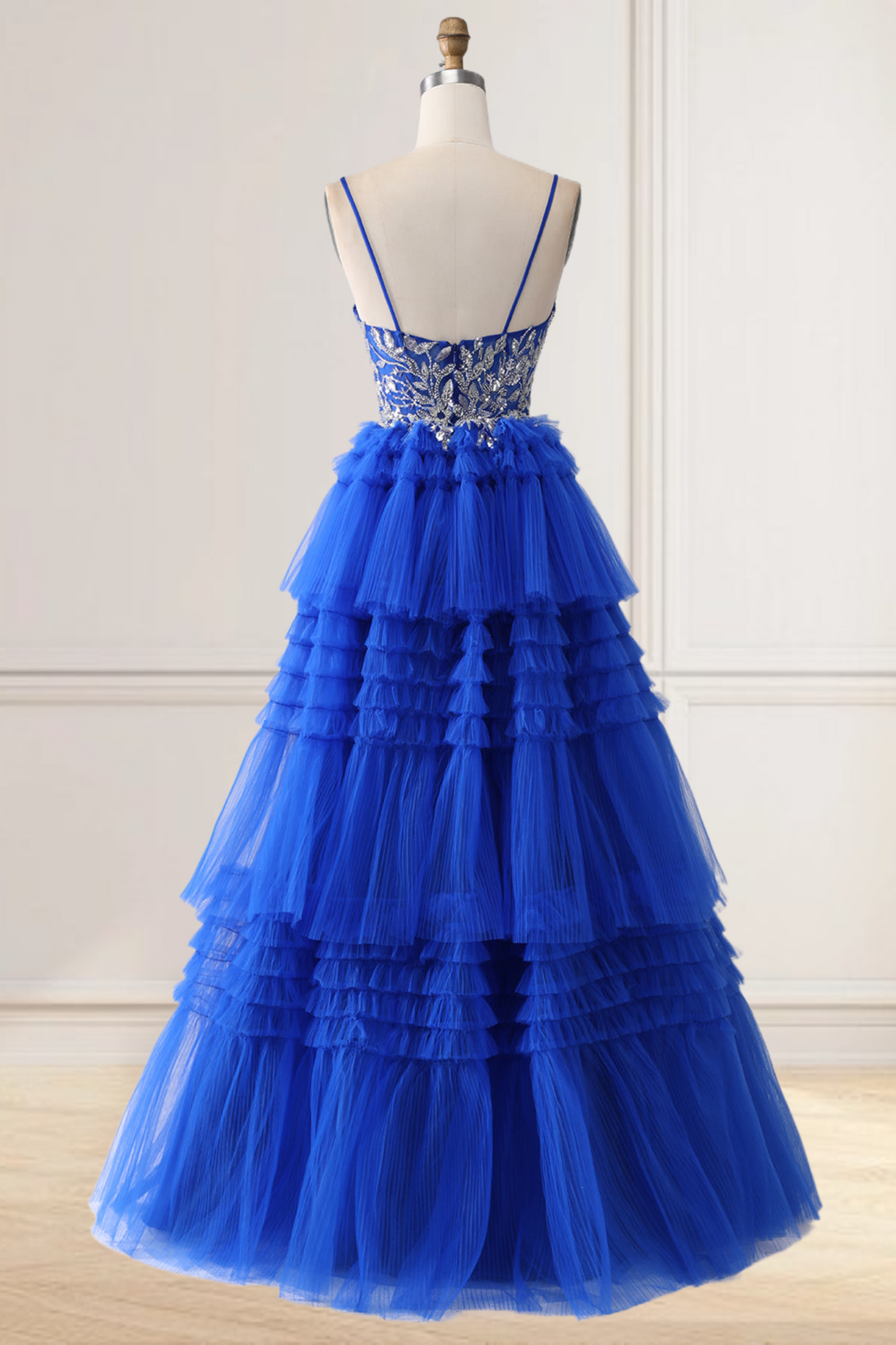 Dressime A Line Spaghetti Straps Tulle Tiered Ruffled Long Prom Dress with Sequin Appliqes dressime