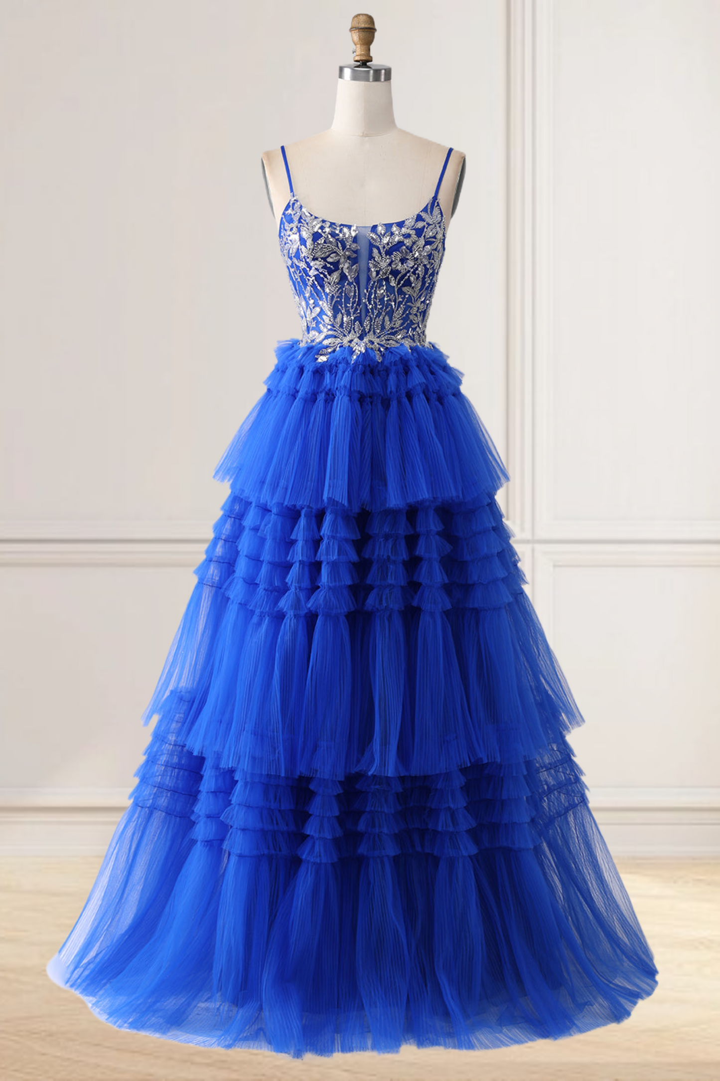 Dressime A Line Spaghetti Straps Tulle Tiered Ruffled Long Prom Dress with Sequin Appliqes dressime