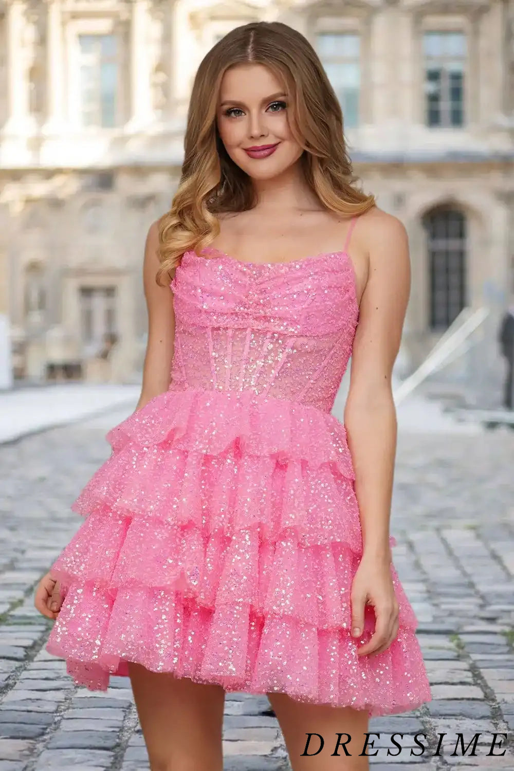 Dressime A Line Spaghetti Straps Tulle Tiered Short/Mini Homecoming Dress With Sequins dressime