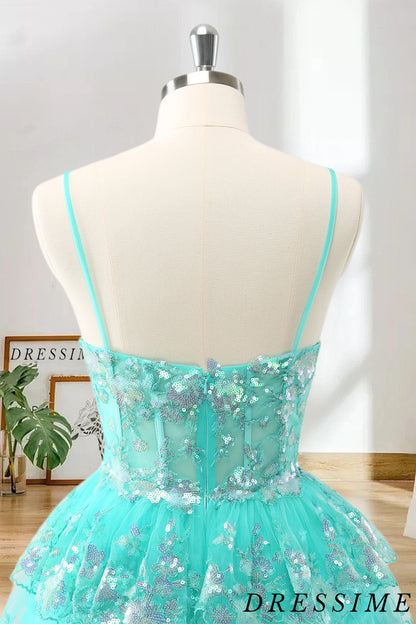 Dressime A Line Spaghetti Straps Tulle Tiered Short/Mini Homecoming Dress with Sequins dressime