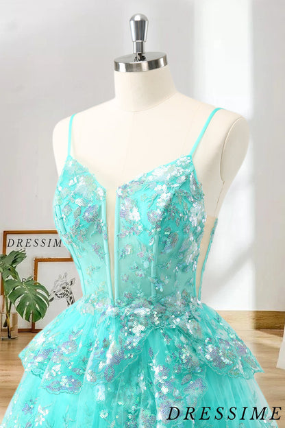 Dressime A Line Spaghetti Straps Tulle Tiered Short/Mini Homecoming Dress with Sequins dressime