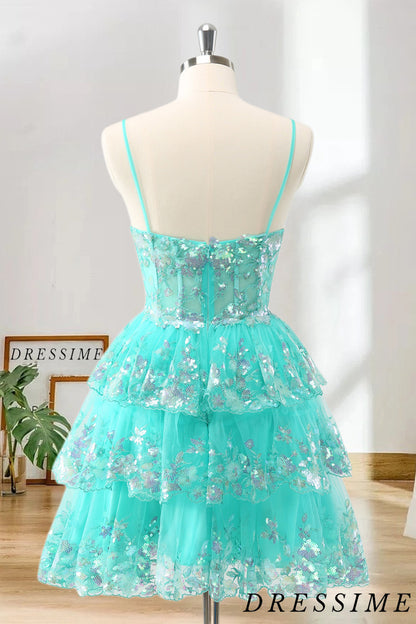 Dressime A Line Spaghetti Straps Tulle Tiered Short/Mini Homecoming Dress with Sequins dressime