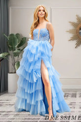 Dressime A Line Spaghetti Straps Tulle Tiered Slit Long Prom Dress With Beaded dressime