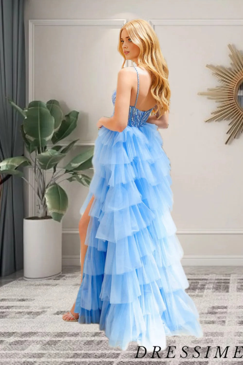 Dressime A Line Spaghetti Straps Tulle Tiered Slit Long Prom Dress With Beaded dressime