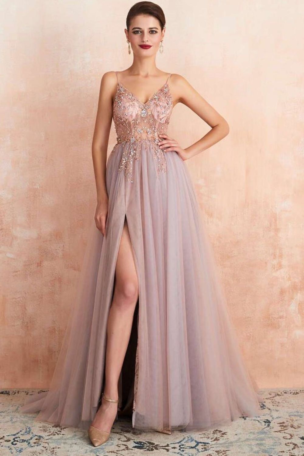 Dressime A Line Spaghetti Straps V Neck Tulle Prom Dress With Beads dressime