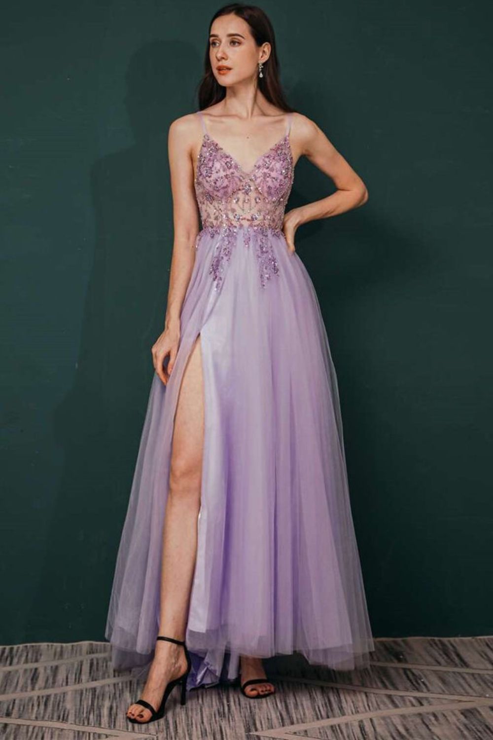 Dressime A Line Spaghetti Straps V Neck Tulle Prom Dress With Beads dressime