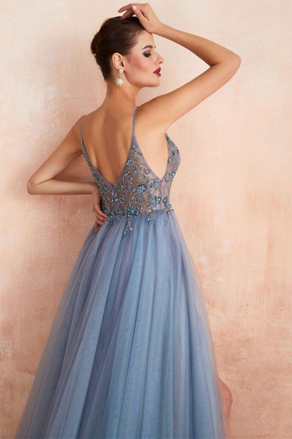 Dressime A Line Spaghetti Straps V Neck Tulle Prom Dress With Beads dressime