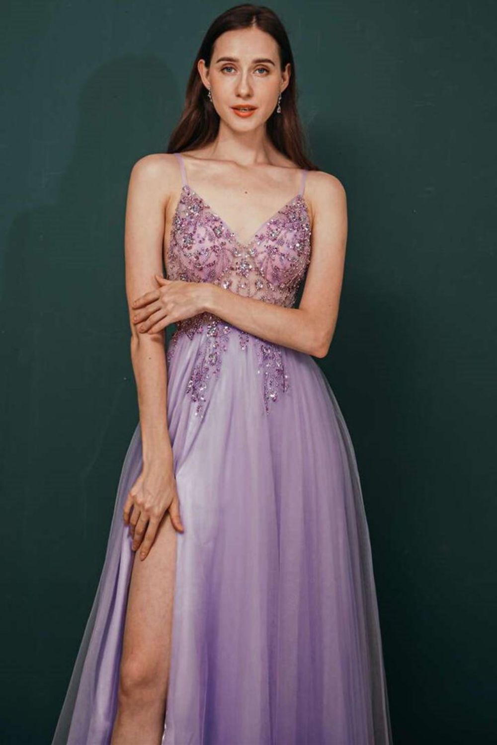 Dressime A Line Spaghetti Straps V Neck Tulle Prom Dress With Beads dressime