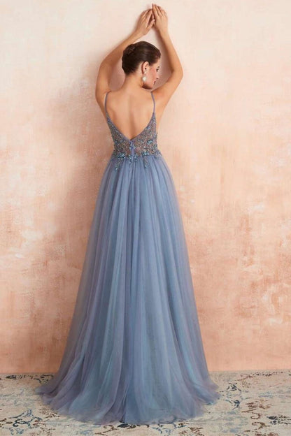 Dressime A Line Spaghetti Straps V Neck Tulle Prom Dress With Beads dressime