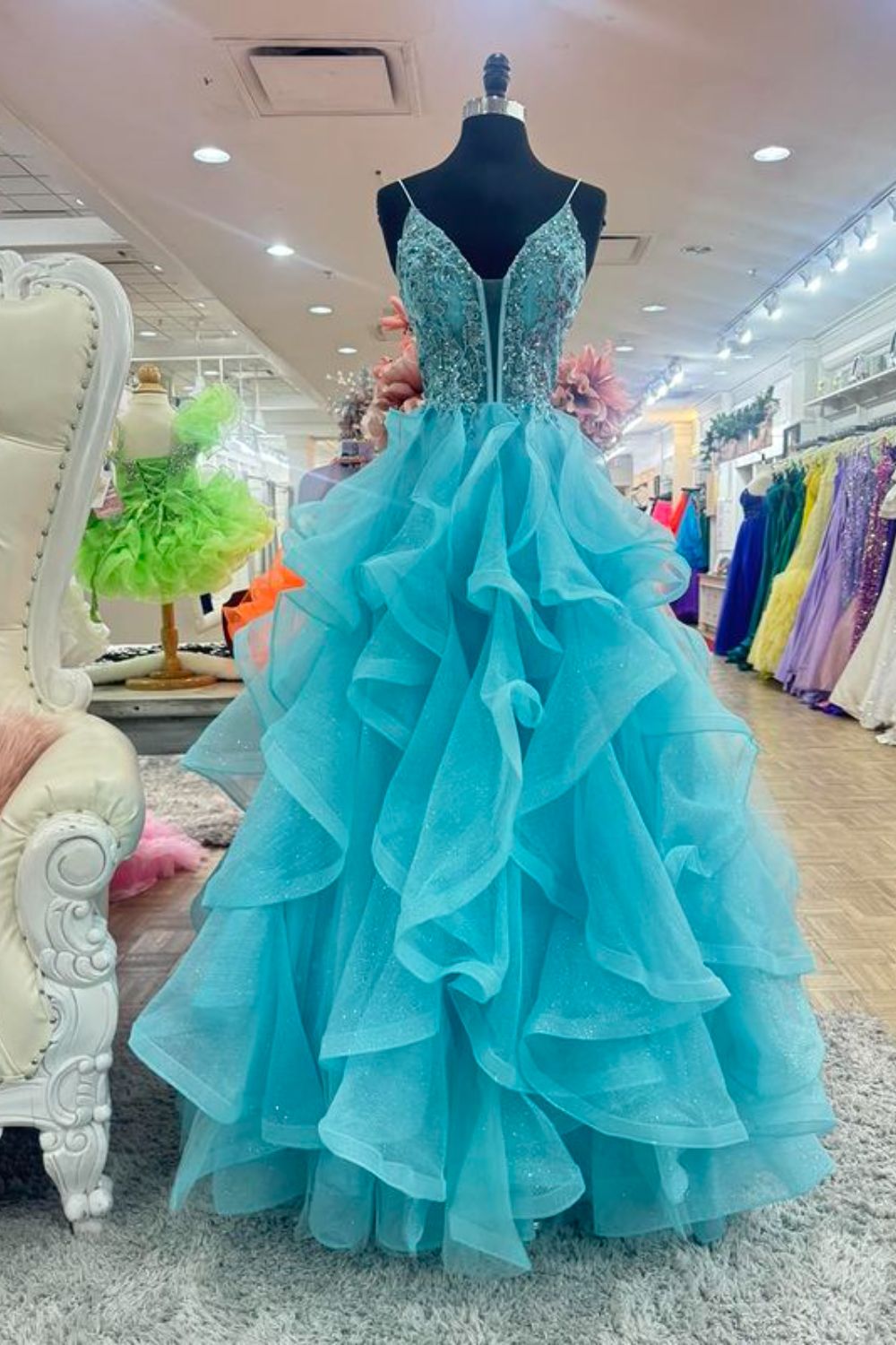 Dressime A Line Spaghetti Straps V Neck Tulle Tiered Prom Dress With Appliques dressime