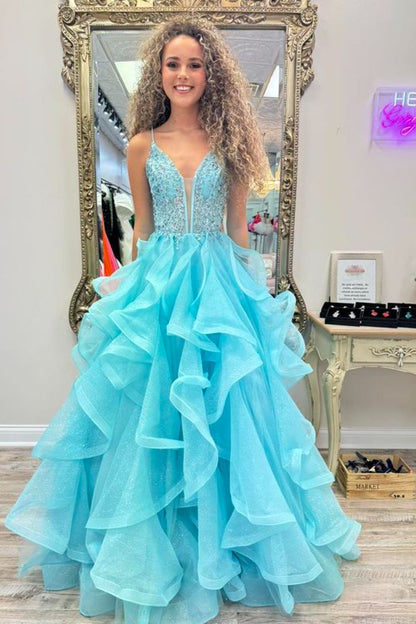 Dressime A Line Spaghetti Straps V Neck Tulle Tiered Prom Dress With Appliques dressime