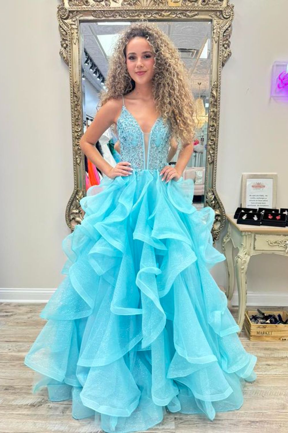 Dressime A Line Spaghetti Straps V Neck Tulle Tiered Prom Dress With Appliques dressime