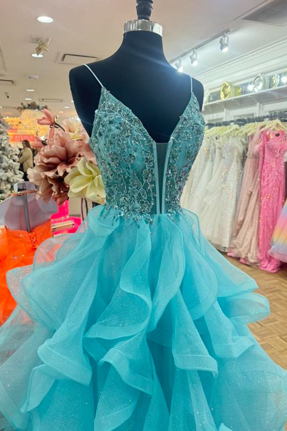 Dressime A Line Spaghetti Straps V Neck Tulle Tiered Prom Dress With Appliques dressime