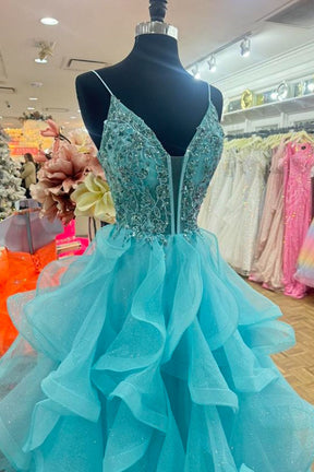 Dressime A Line Spaghetti Straps V Neck Tulle Tiered Prom Dress With Appliques dressime