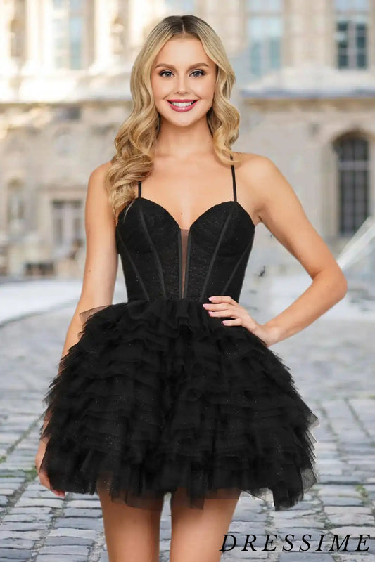 Dressime A Line Spaghetti Straps Velvet Tulle Tiered Short/Mini Homecoming Dress dressime