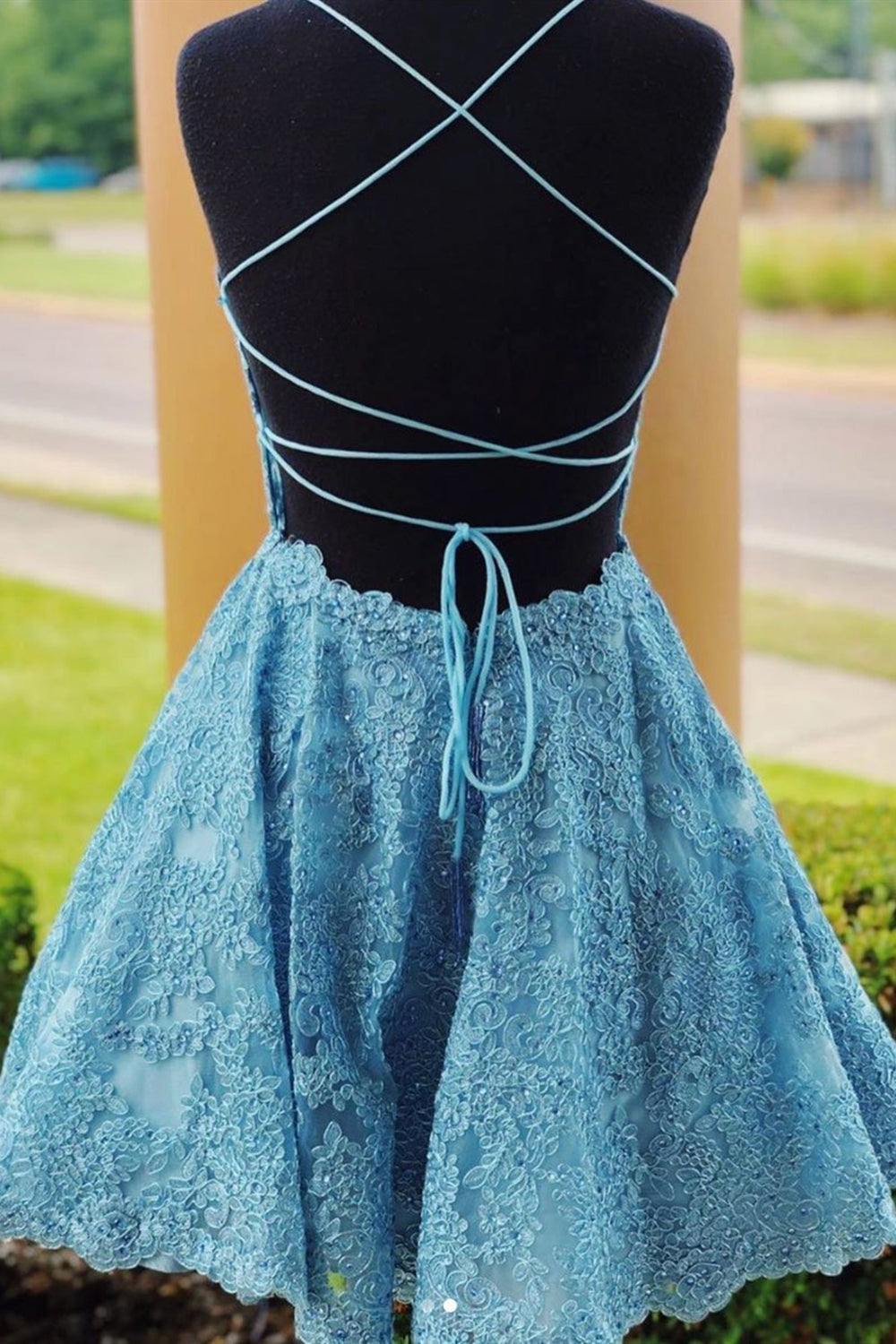 Dressime A Line Spaghetti straps Lace Short/MIni Homecoming Dress With Appliques dressime