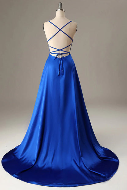 dressimeA Line Spaghetti straps Satin Prom Dresses With Slit 