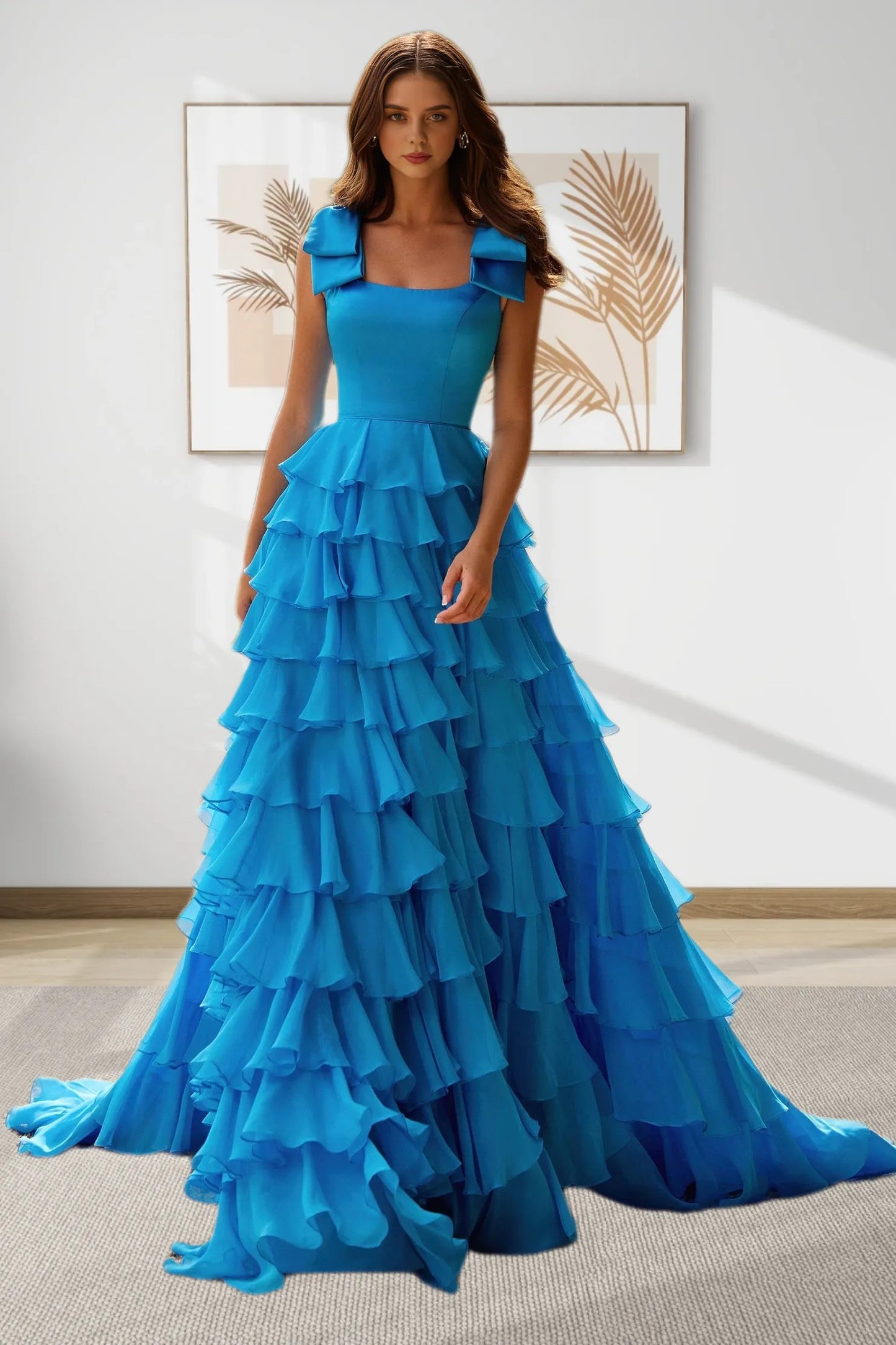 Dressime A Line Square Chiffon Tiered Prom Dress dressime