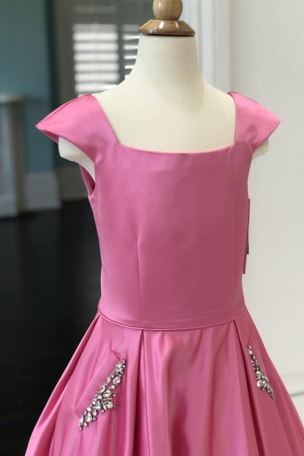 Dressime A Line Square Neck Satin Girl Pageant Dress With Pocket dressime