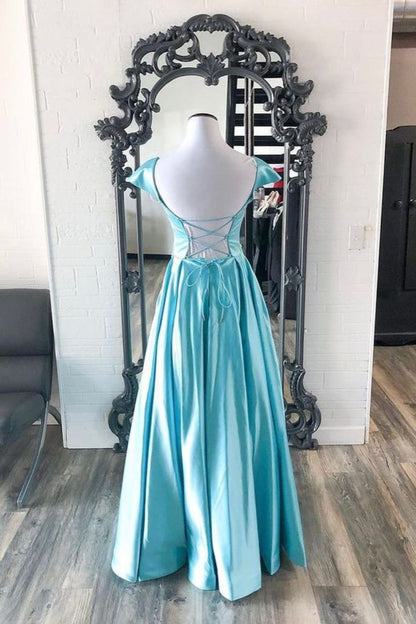 Dressime A Line Square Satin Beaded Long Prom Dress With Pocket dressime