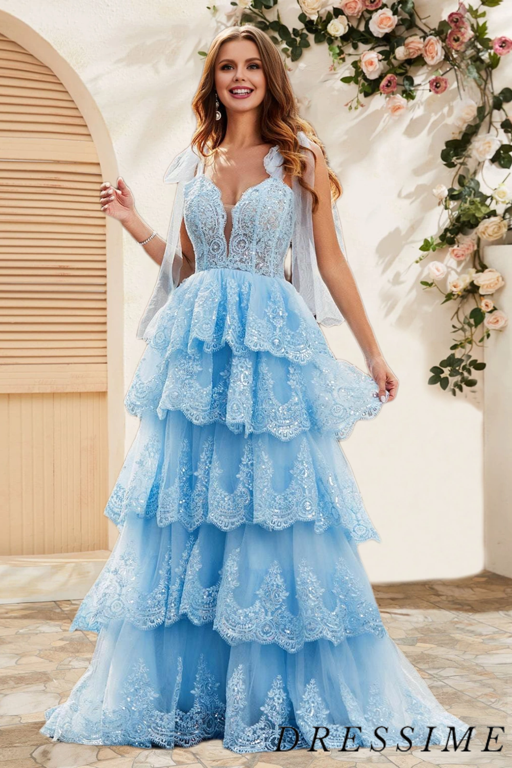 Dressime A Line Staps Tiered Prom Dress with Appliques dressime