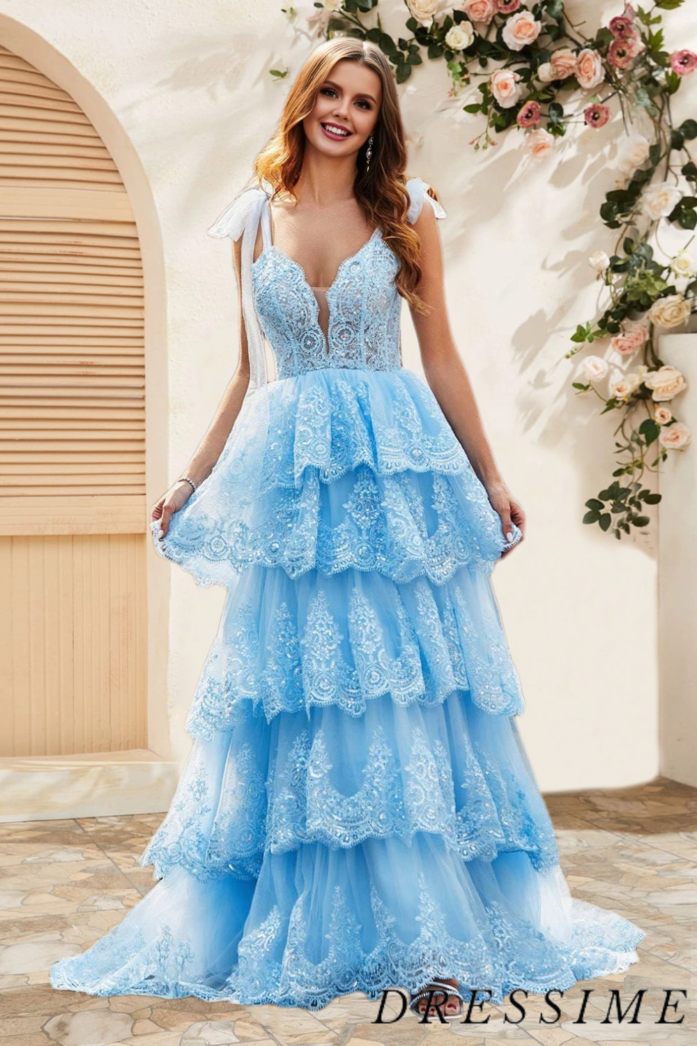 Dressime A Line Staps Tiered Prom Dress with Appliques dressime