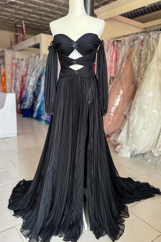 dressimeDressime A Line Strapless Beaded Cutout Slit Long Prom Dress with Balloon Sleeves 