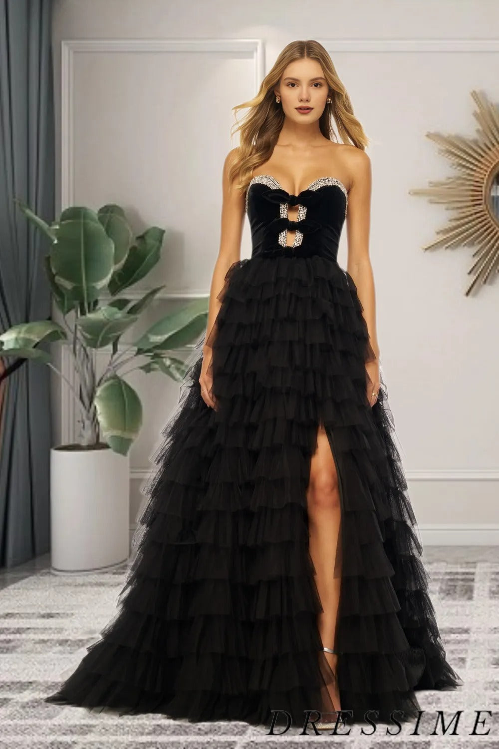 Dressime A Line Strapless Bow Ruffle Tiered Long Prom Dress with Slit dressime