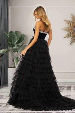 Dressime A Line Strapless Bow Ruffle Tiered Long Prom Dress with Slit dressime